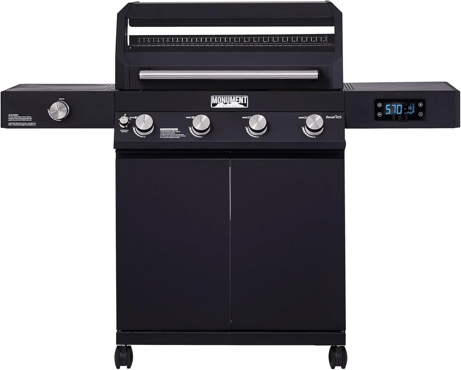 Monument Grills 4-Burner Liquid Propane Gas Smart bbq Grill Denali 425 with Smart technology, Side Burner and LED Controls, Black