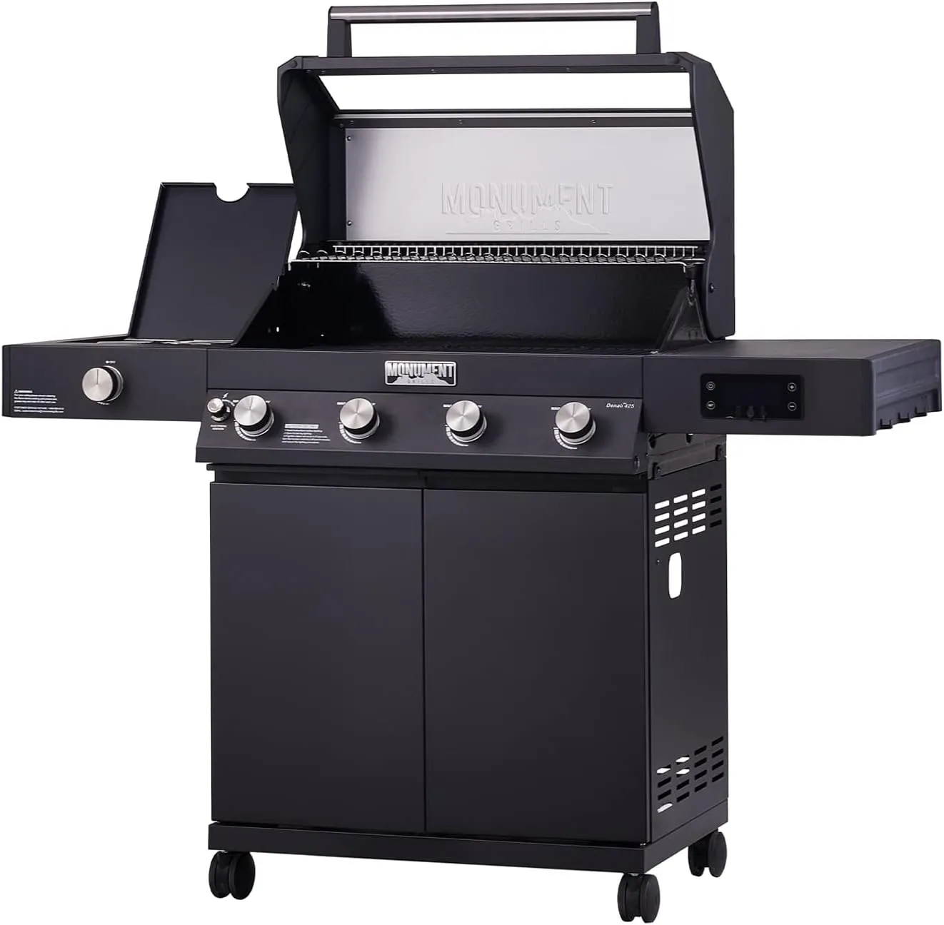 Monument Grills 4-Burner Liquid Propane Gas Smart bbq Grill Denali 425 with Smart technology, Side Burner and LED Controls, Black
