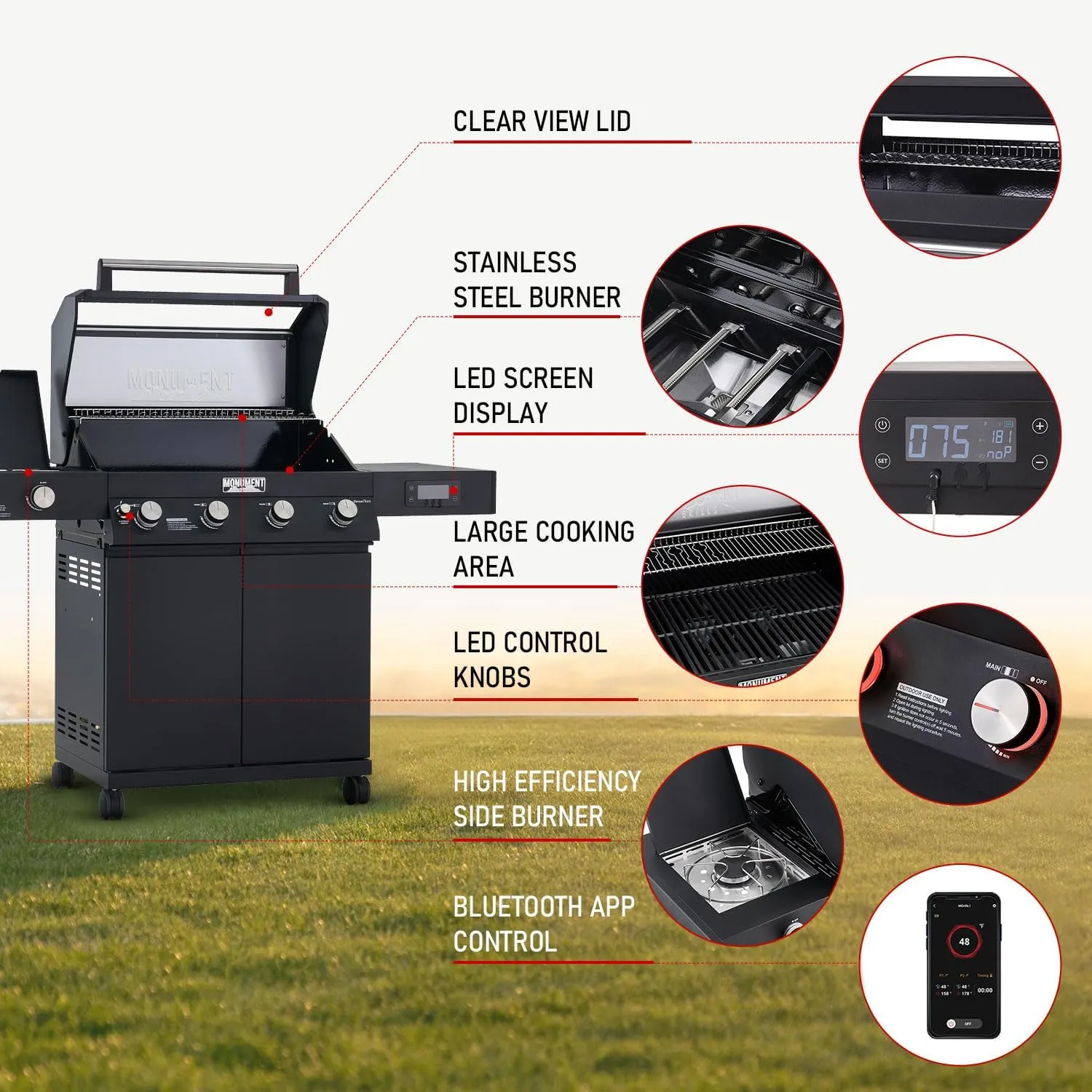 Monument Grills 4-Burner Liquid Propane Gas Smart bbq Grill Denali 425 with Smart technology, Side Burner and LED Controls, Black