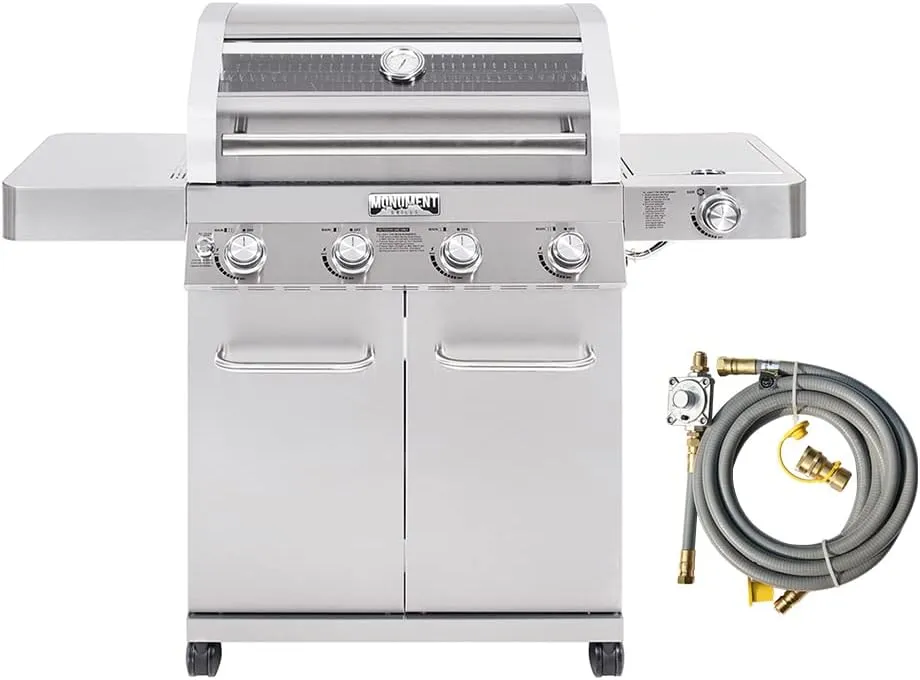 Monument Grills Larger Convertible 4-Burner Natural Gas Grill Stainless Steel Cabinet Style Propane Grills with Conversion Kit(2 Items)