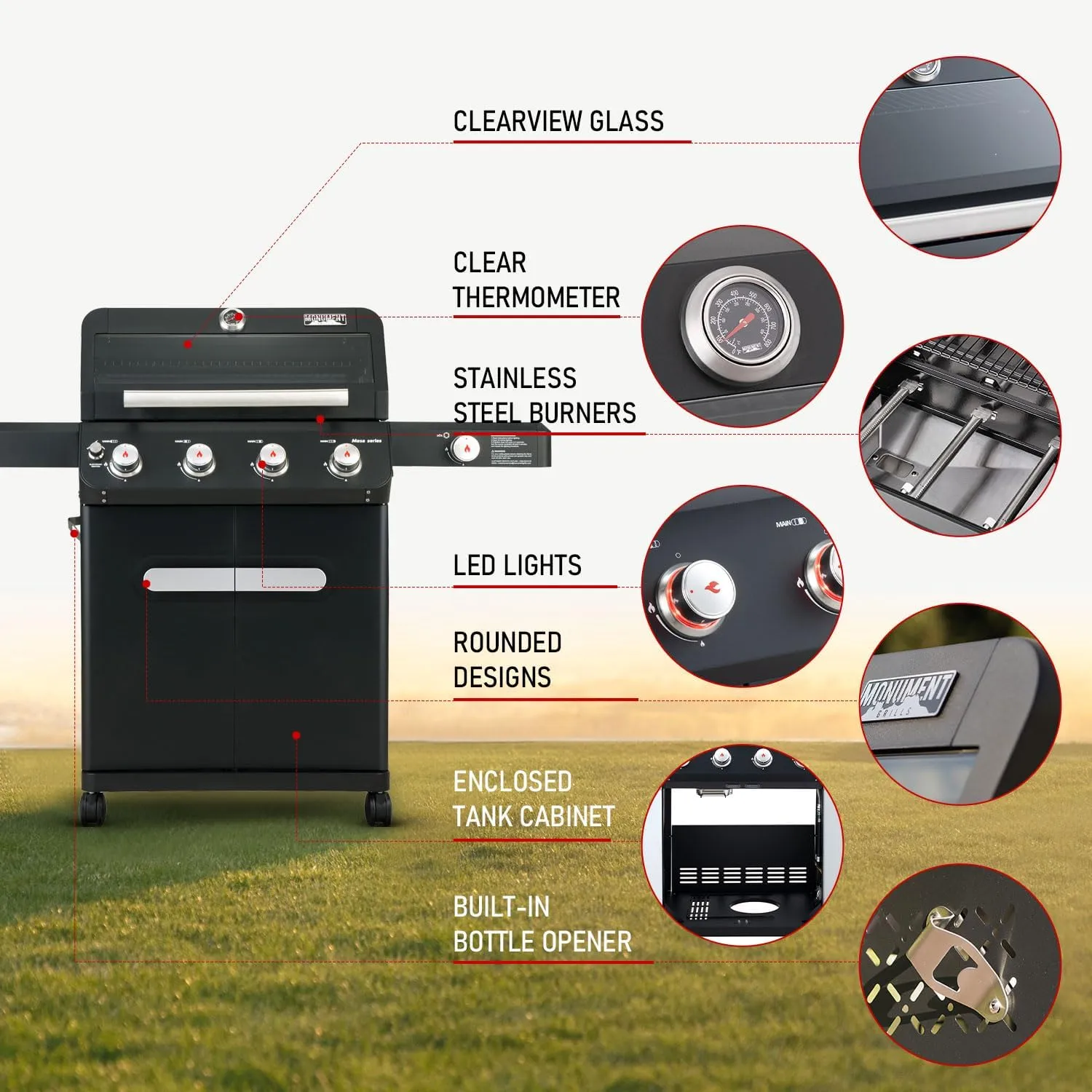 Monument Grills Outdoor Barbecue Stainless Steel 4 Burner Propane Gas Grill, 52,000 BTU Patio Garden Barbecue Grill with Side Burner and Knob Controls, Mesa425, Black