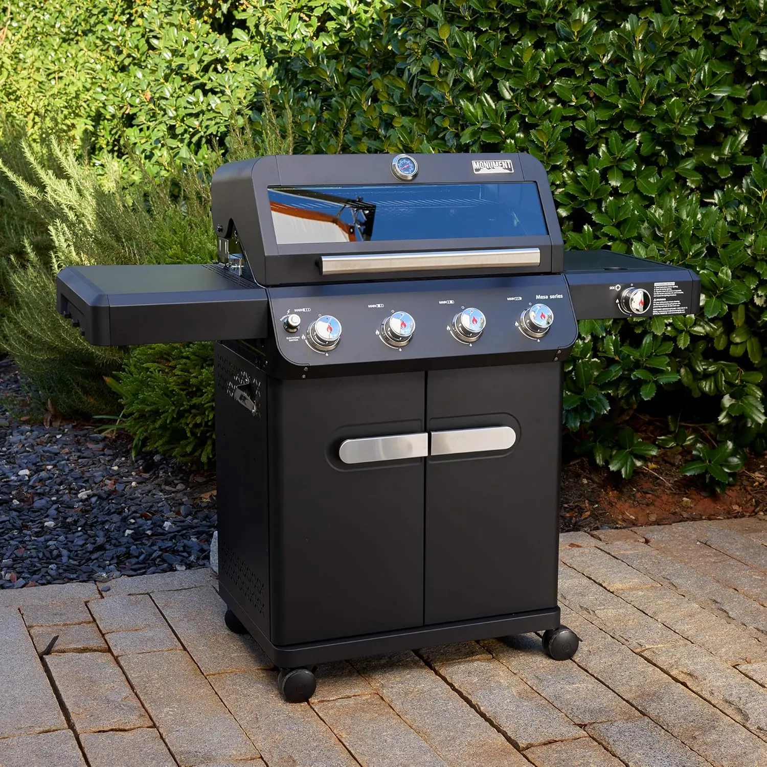 Monument Grills Outdoor Barbecue Stainless Steel 4 Burner Propane Gas Grill, 52,000 BTU Patio Garden Barbecue Grill with Side Burner and Knob Controls, Mesa425, Black