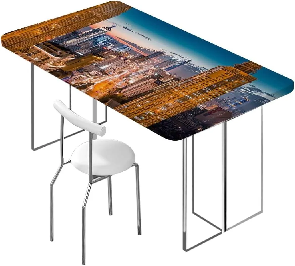 Multicolor Elastic Edge Fitted Table Cloth, Dubai at Night Sky at Night Cityscape Luminous Fitted Tablecloth Elastic Edge Table Cloth for Party Dining Home Picnic City Fits up 5 Foot Tables