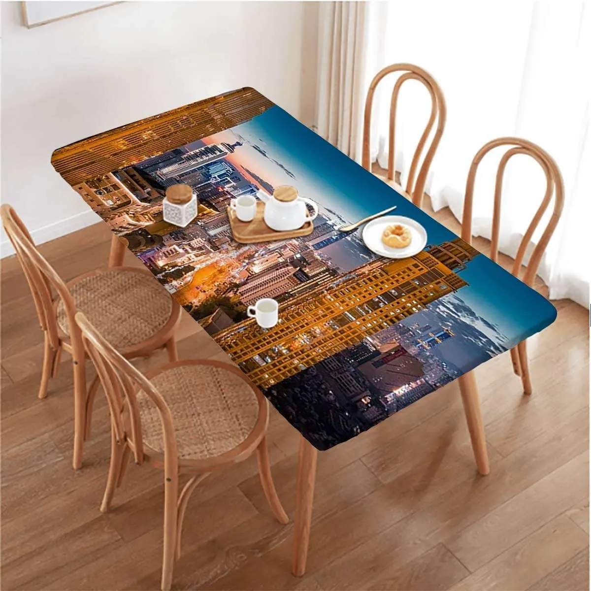 Multicolor Elastic Edge Fitted Table Cloth, Dubai at Night Sky at Night Cityscape Luminous Fitted Tablecloth Elastic Edge Table Cloth for Party Dining Home Picnic City Fits up 5 Foot Tables
