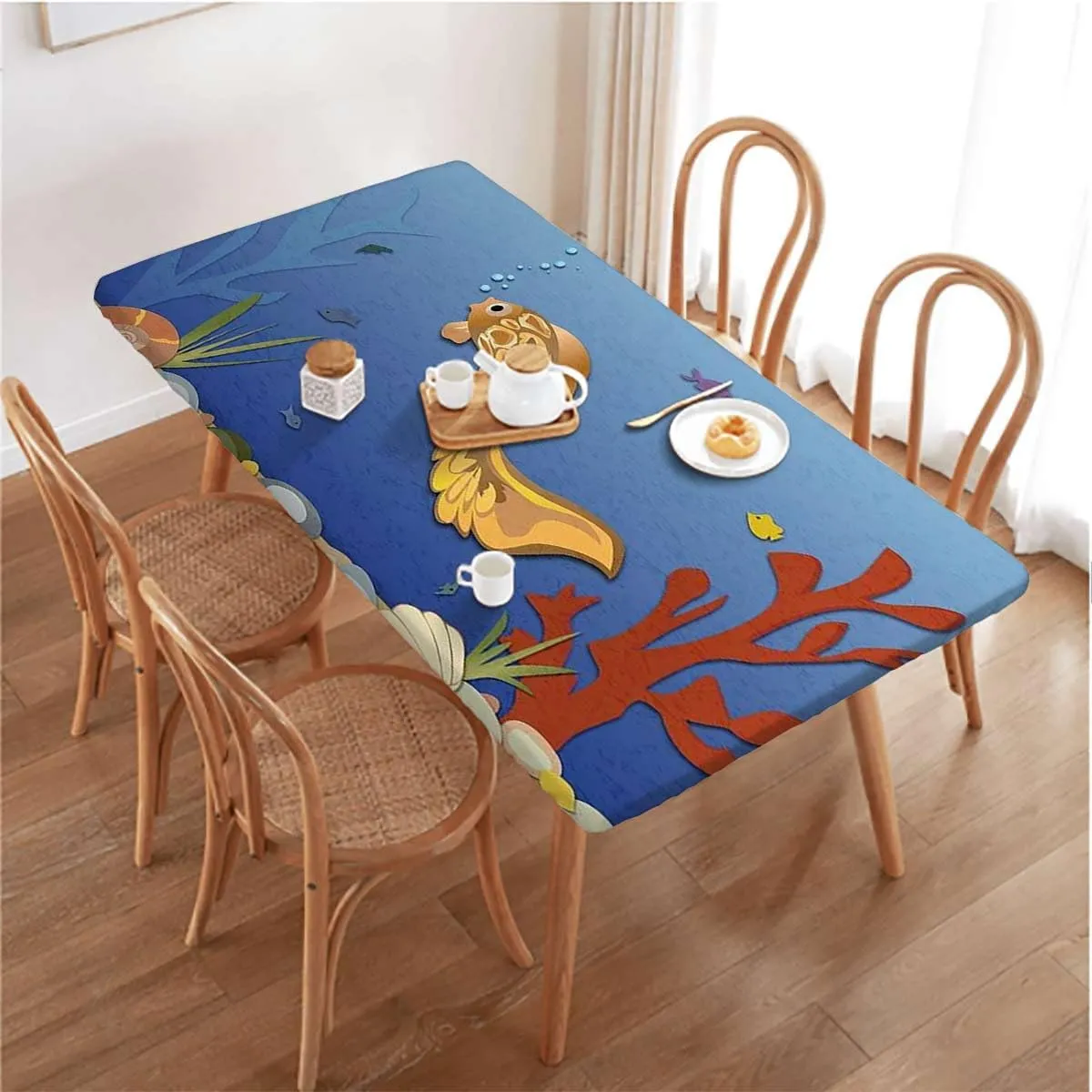 Multicolor Elastic Edge Fitted Tablecloth, Swimming Ocean Cartoon Waterproof Elastic Table Cover, for Outdoor Picnics/Travel/Holiday/Party Animal Fits up 4 Foot Tables