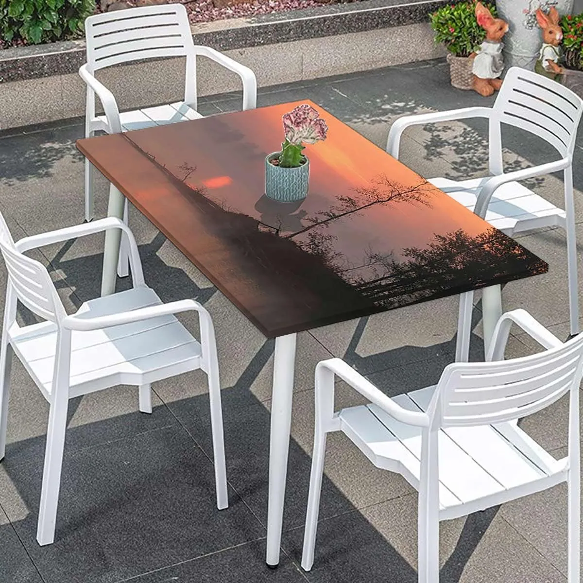 Multicolor Elastic Fitted Tablecloth Morning Sunrise Tree Silhouettes Forest Elastic Edge Fitted Tablecloth for Rectangle Table Landscape Fits up 4 Foot Tables