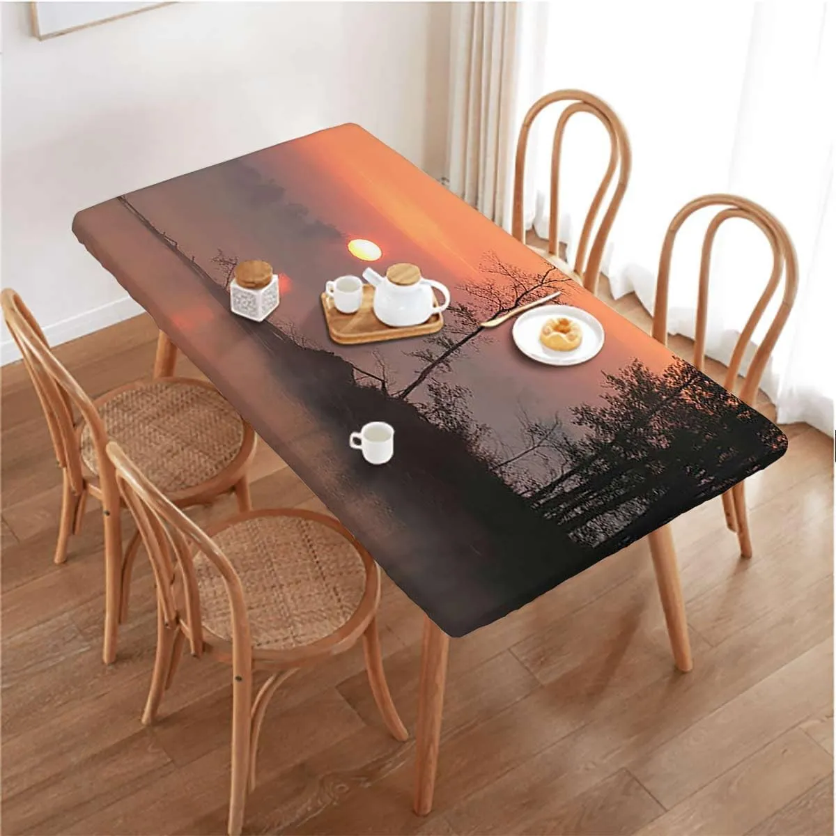 Multicolor Elastic Fitted Tablecloth Morning Sunrise Tree Silhouettes Forest Elastic Edge Fitted Tablecloth for Rectangle Table Landscape Fits up 4 Foot Tables