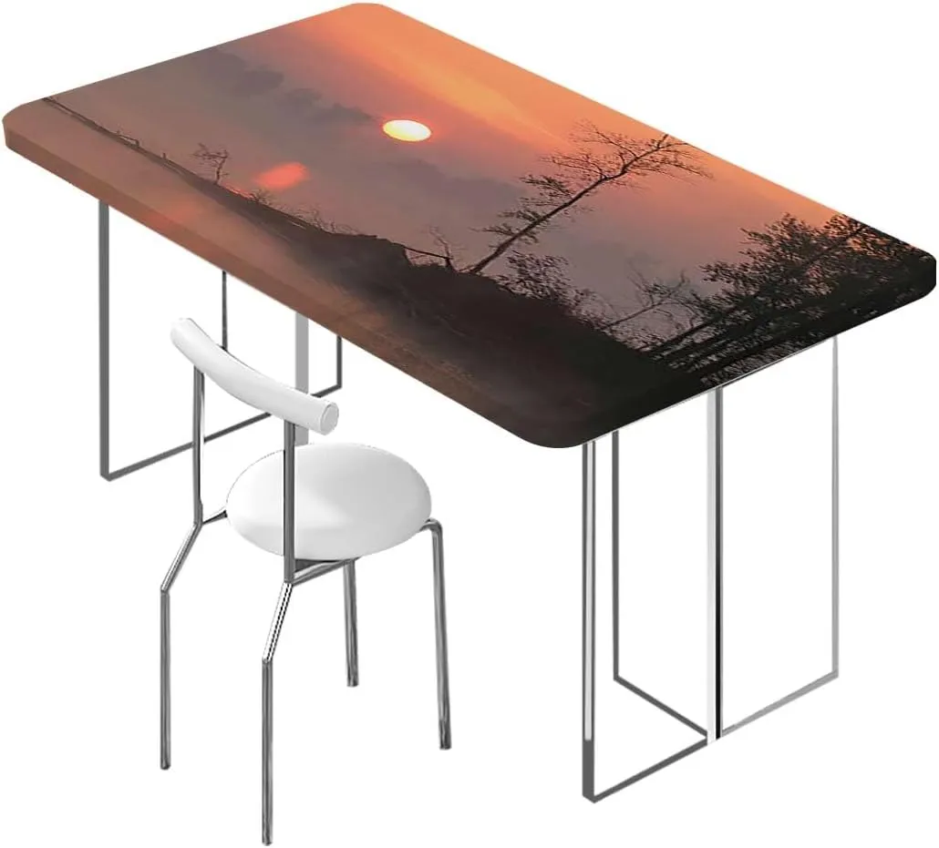Multicolor Elastic Fitted Tablecloth Morning Sunrise Tree Silhouettes Forest Elastic Edge Fitted Tablecloth for Rectangle Table Landscape Fits up 4 Foot Tables