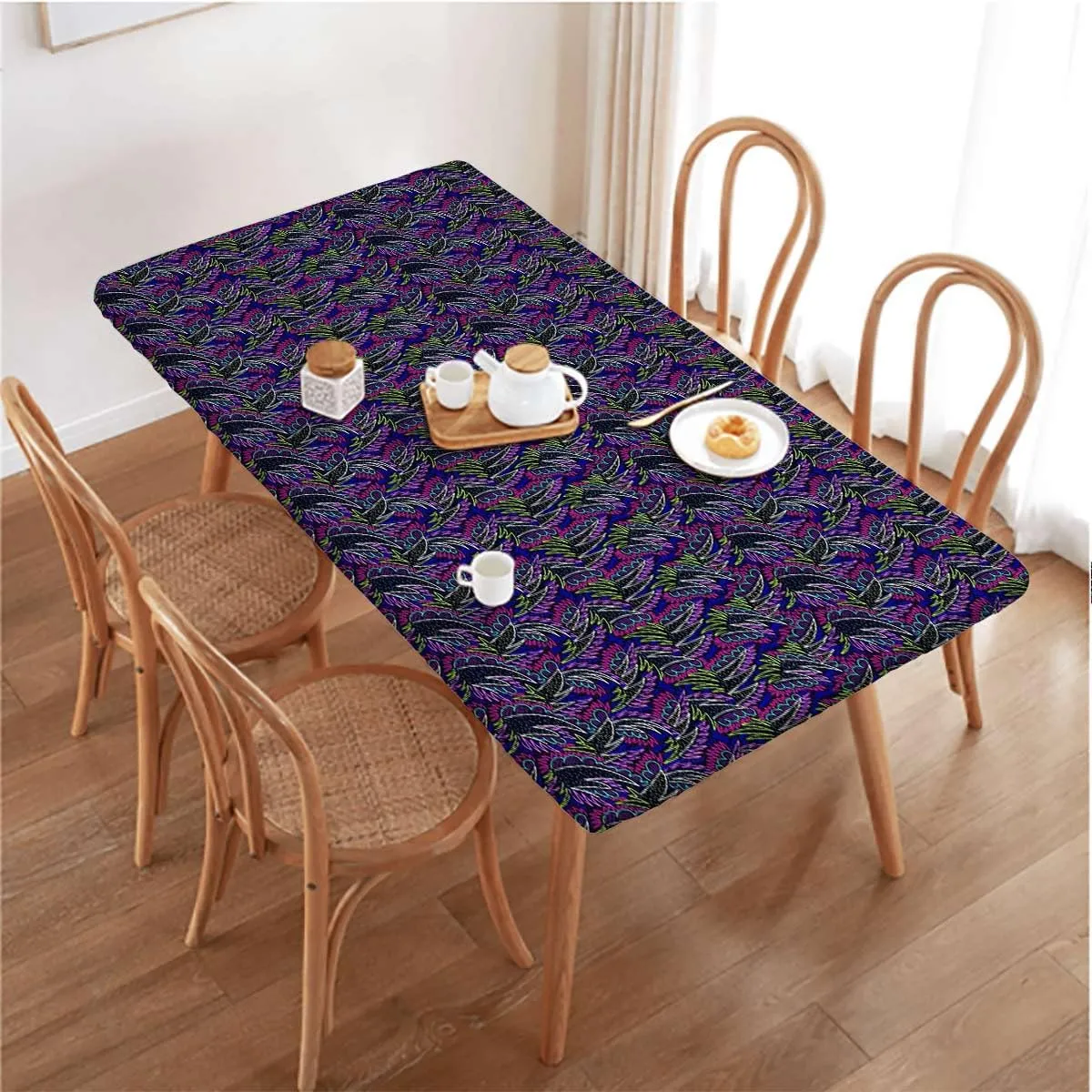 Multicolor Fitted Tablecloth Cover, Tropical Jungle Rainforest Artistic Doodle Tablecloth Elastic Edge Fitted Table Cover Leaves Floral Fits up 5 Foot Tables