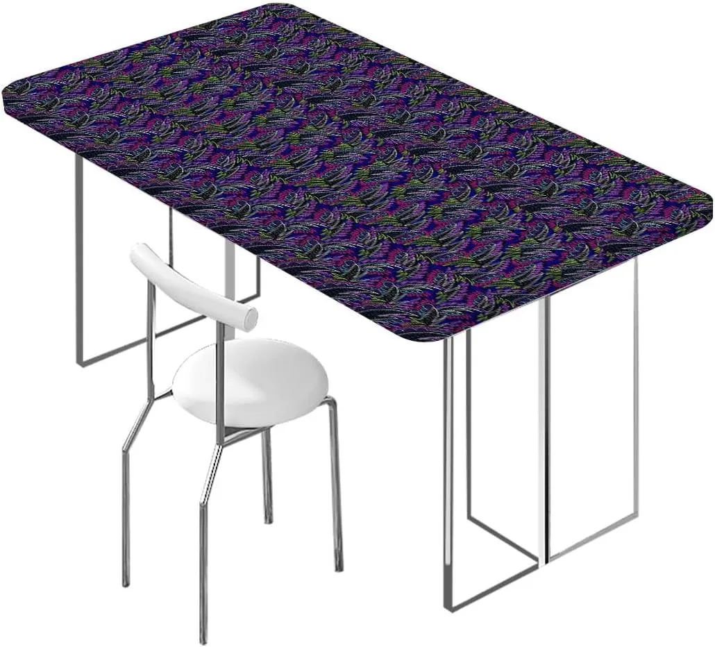 Multicolor Fitted Tablecloth Cover, Tropical Jungle Rainforest Artistic Doodle Tablecloth Elastic Edge Fitted Table Cover Leaves Floral Fits up 5 Foot Tables