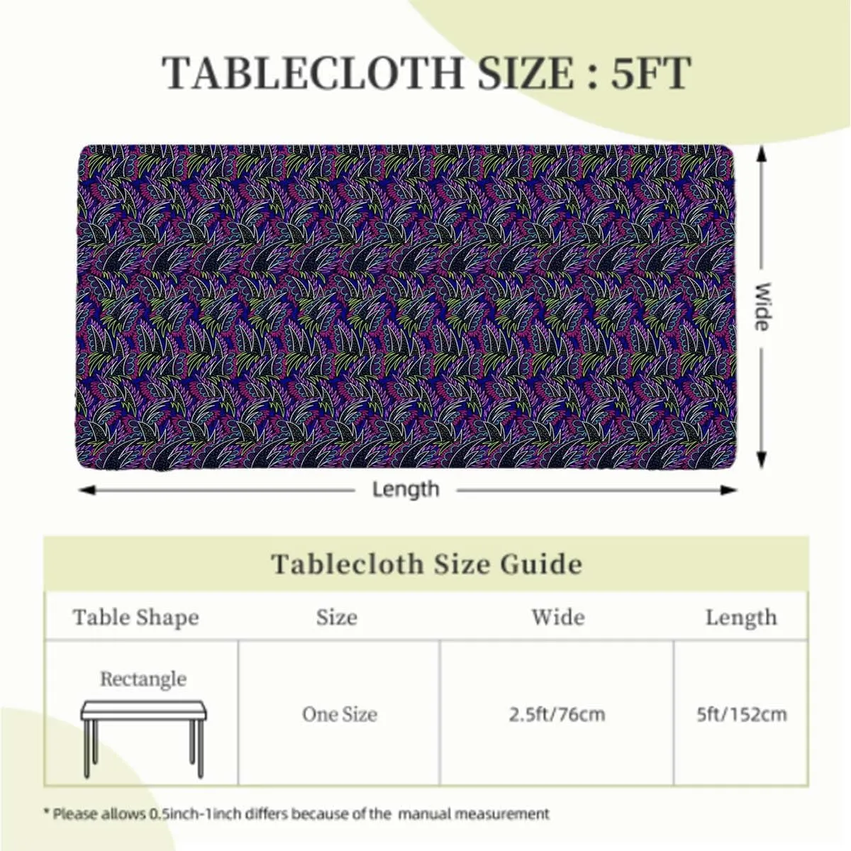 Multicolor Fitted Tablecloth Cover, Tropical Jungle Rainforest Artistic Doodle Tablecloth Elastic Edge Fitted Table Cover Leaves Floral Fits up 5 Foot Tables