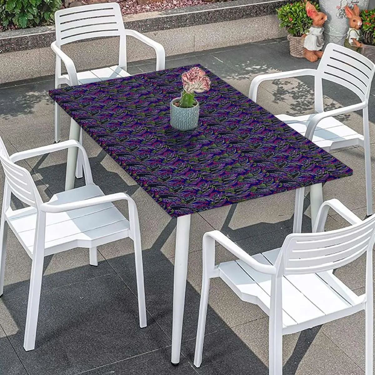 Multicolor Fitted Tablecloth Cover, Tropical Jungle Rainforest Artistic Doodle Tablecloth Elastic Edge Fitted Table Cover Leaves Floral Fits up 5 Foot Tables