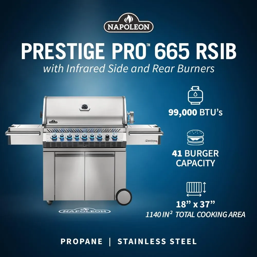 Napoleon PRO665RSIBPSS-3 Prestige PRO 665 RSIB Propane Gas Grill, sq.in.   Infrared Side and Rear Burners, Stainless Steel