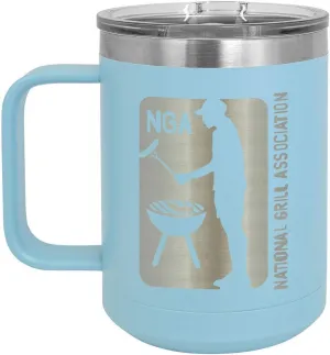 National Grill Association LIGHT BLUE 15 oz Coffee Cup w/Slide Top Lid | Insulated Travel Coffee Mug | BBQ & Grilling Gift Idea For Men Who Have Everything, Dad | Compare To Yeti Rambler | ONLY GIFTS
