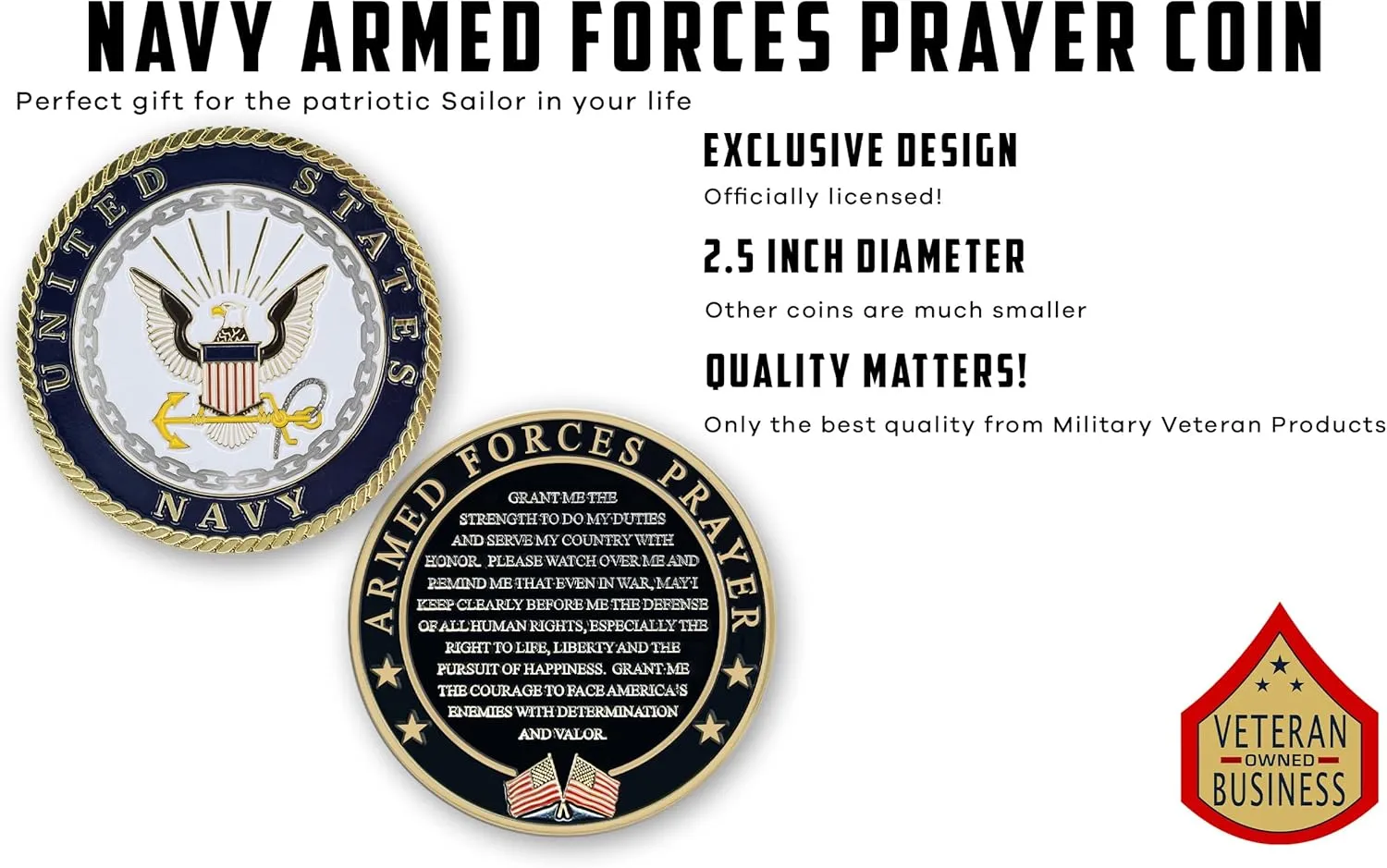 Navy Armed Forces Prayer Coin - USN Navy Valor Challenge Coin | Inspirational Navy Gift - Disabled Vet Owned Small Business-Navy Prayer Coin