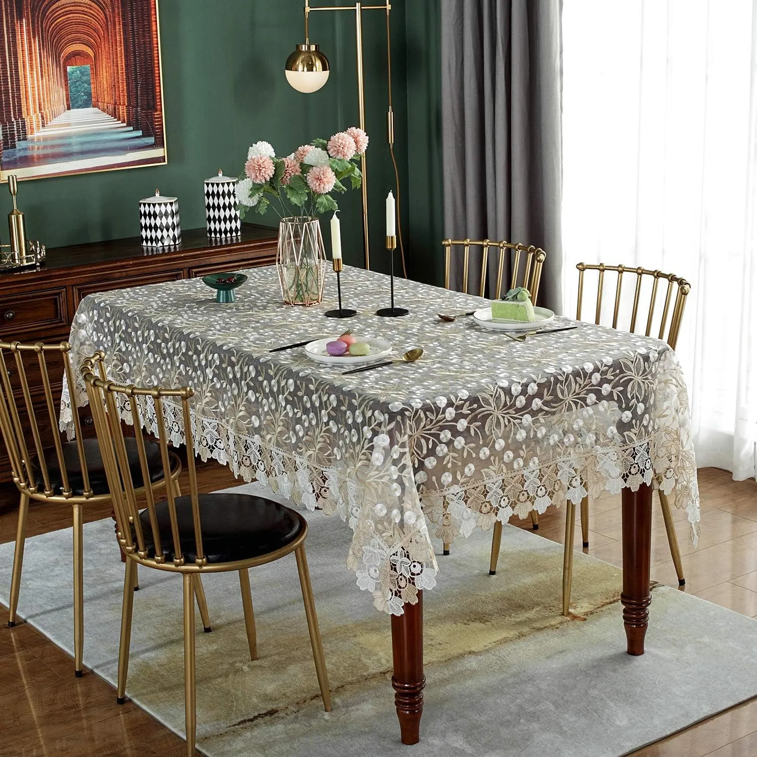 NC SUTAVIA Lace Patio tablecloths Embroidered Camping Table Cloth Classic Rectangular Macrame Table Cover for Kitchen Dining Room Picnic Coffee Table Wedding Banquet(Gold, 60"×104")