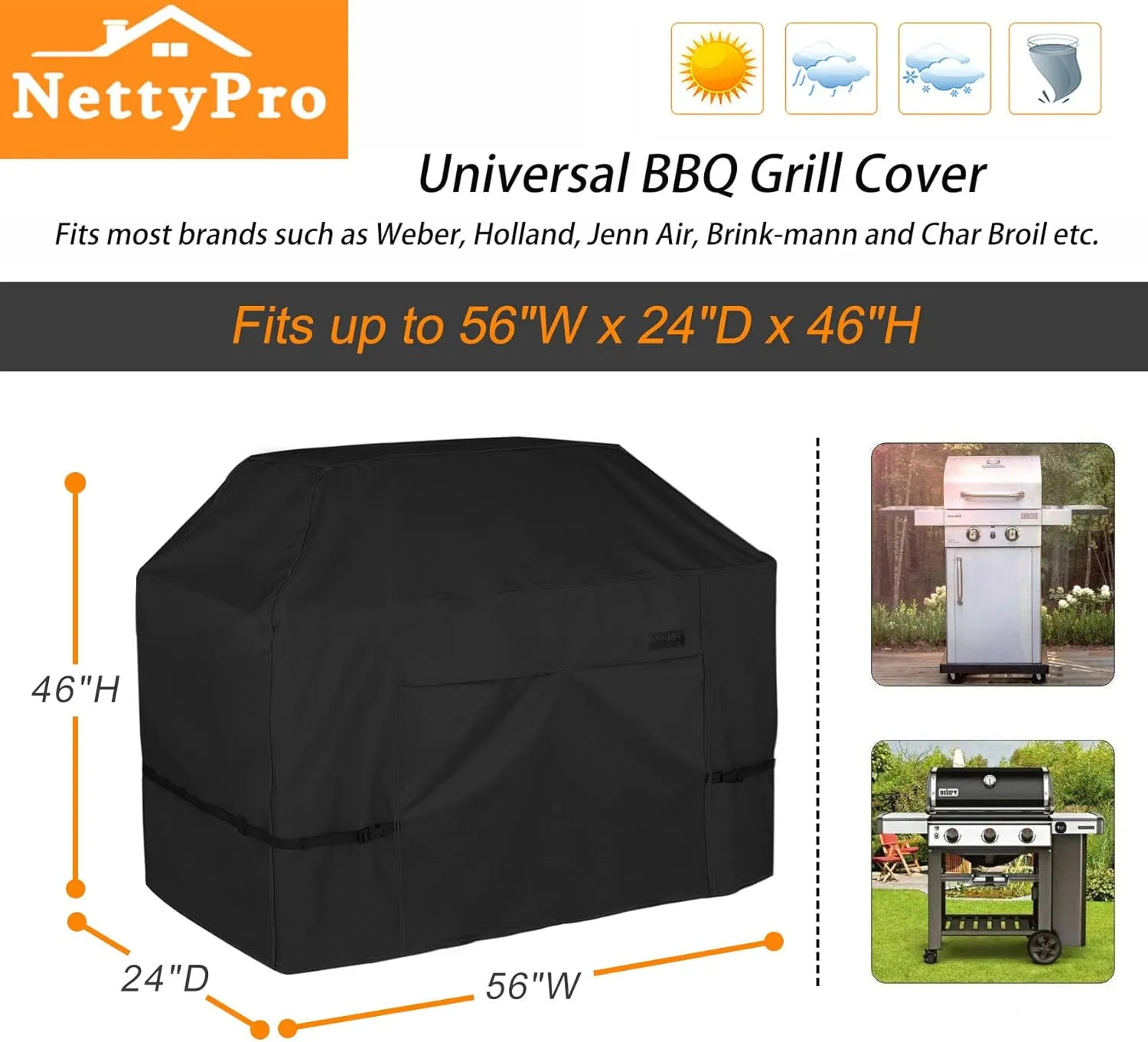 NettyPro Gas Grill Cover Heavy Duty Waterproof 56 Inch, Fadeproof & UV Resistant, Outdoor 2-3 Burner BBQ Cover for Weber, Char-Broil, Brinkmann, Nexgrill Barbecue Grills and More, Black