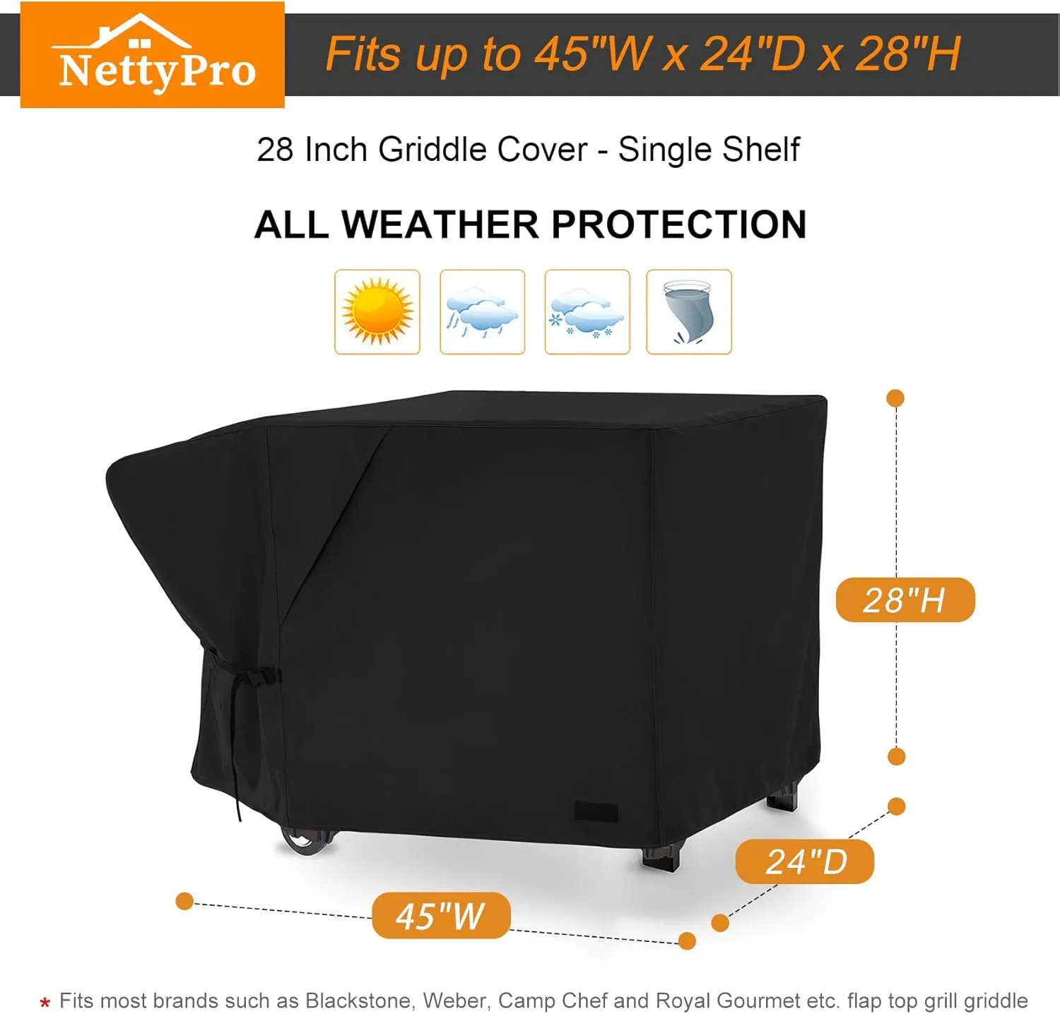 NettyPro Griddle Cover for Blackstone 28" Griddle with Single Shelf, Waterproof Heavy Duty 2 Burner Flat Top Gas Grill Cover for Blackstone 28" Griddle Station Camping, Black