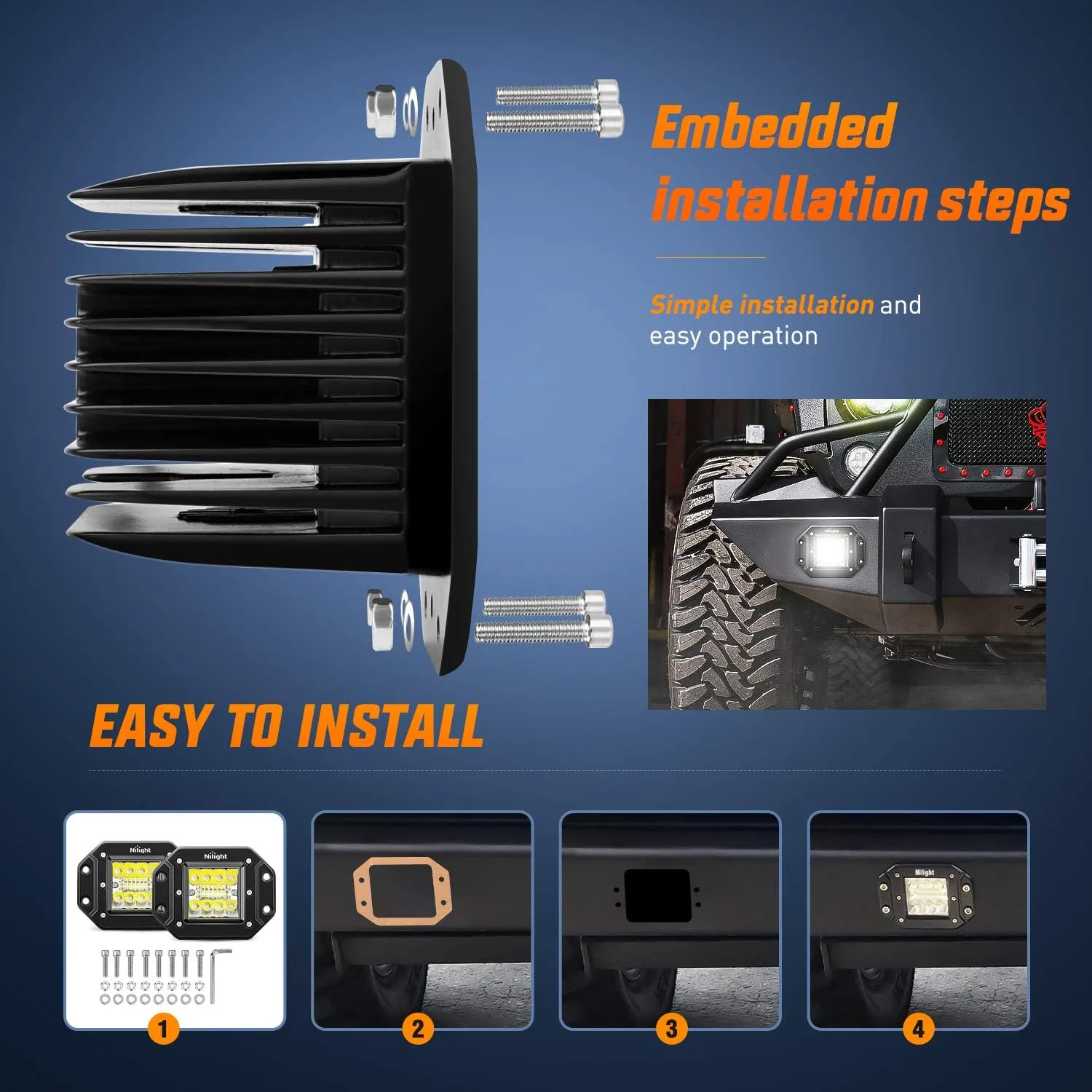Nilight 2PCS 42W Flush Mount LED Pods Spot Flood Combo Beam Driving Light Backup Light Reverse Light Grill Mount Light with Wiring Harness Kit -2 Leads