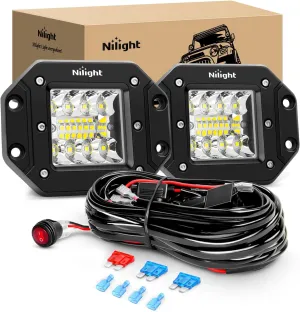Nilight 2PCS 42W Flush Mount LED Pods Spot Flood Combo Beam Driving Light Backup Light Reverse Light Grill Mount Light with Wiring Harness Kit -2 Leads