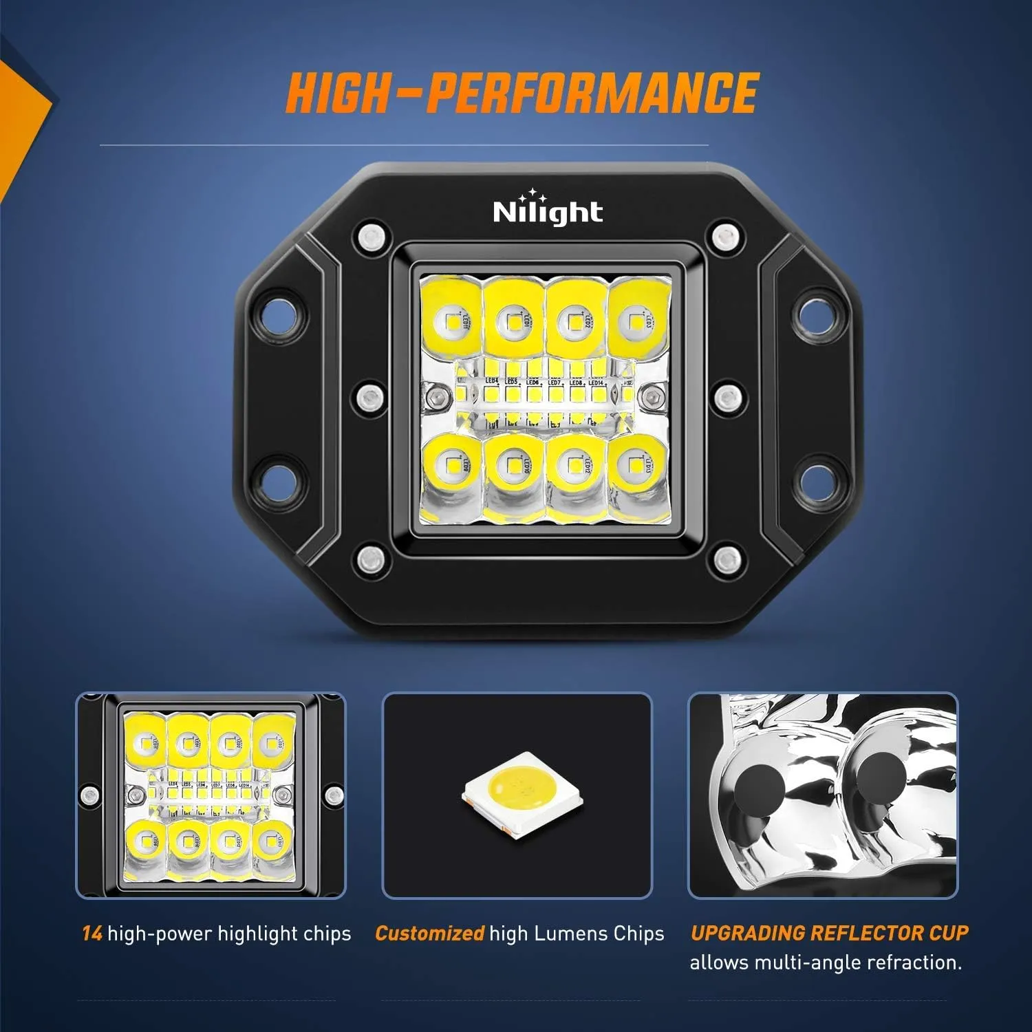 Nilight 2PCS 42W Flush Mount LED Pods Spot Flood Combo Beam Driving Light Backup Light Reverse Light Grill Mount Light with Wiring Harness Kit -2 Leads