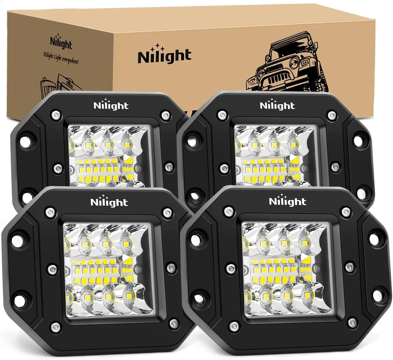 Nilight 4PCS 42W Flush Mount LED Light Pods - Upgraded Spot Flood Combo Beam Driving, Work, Backup, Reverse, Grill Mount Light for Offroad 4x4 Truck SUV
