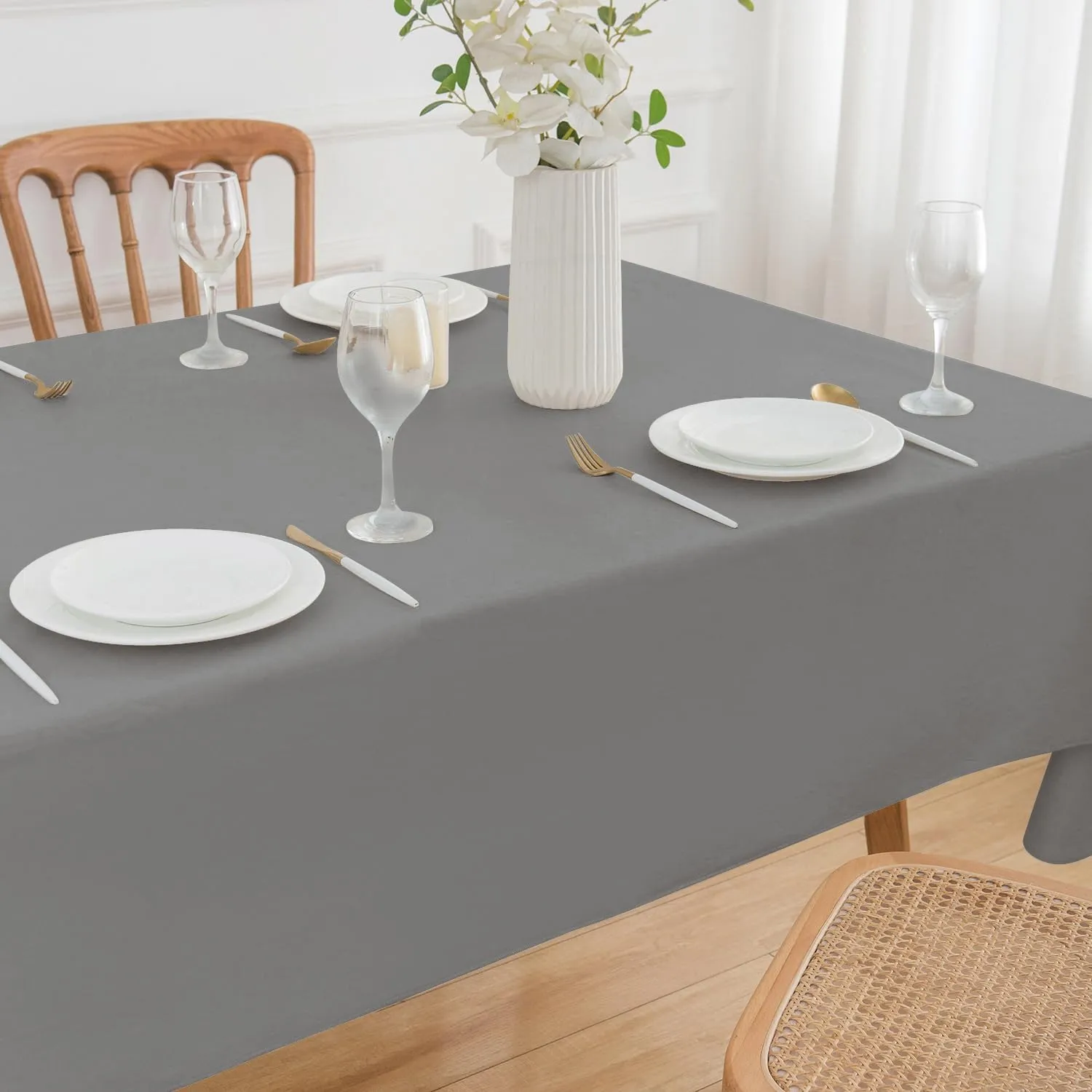 NLMUVW Vinyl Tablecloth with Flannel Backing 100% Waterproof Rectangle PVC Table Cloth Oil Proof Wipe Clean Table Cover for Dining Party Camping Outdoor, Dark Grey, 60 X 140 Inch