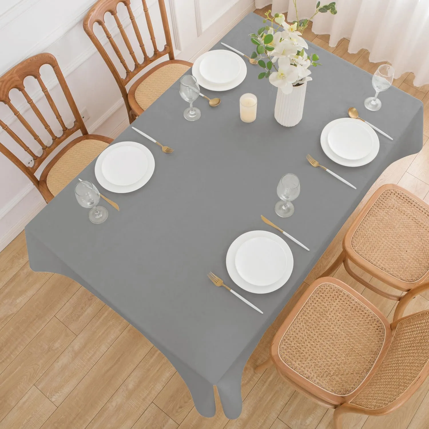 NLMUVW Vinyl Tablecloth with Flannel Backing 100% Waterproof Rectangle PVC Table Cloth Oil Proof Wipe Clean Table Cover for Dining Party Camping Outdoor, Dark Grey, 60 X 140 Inch