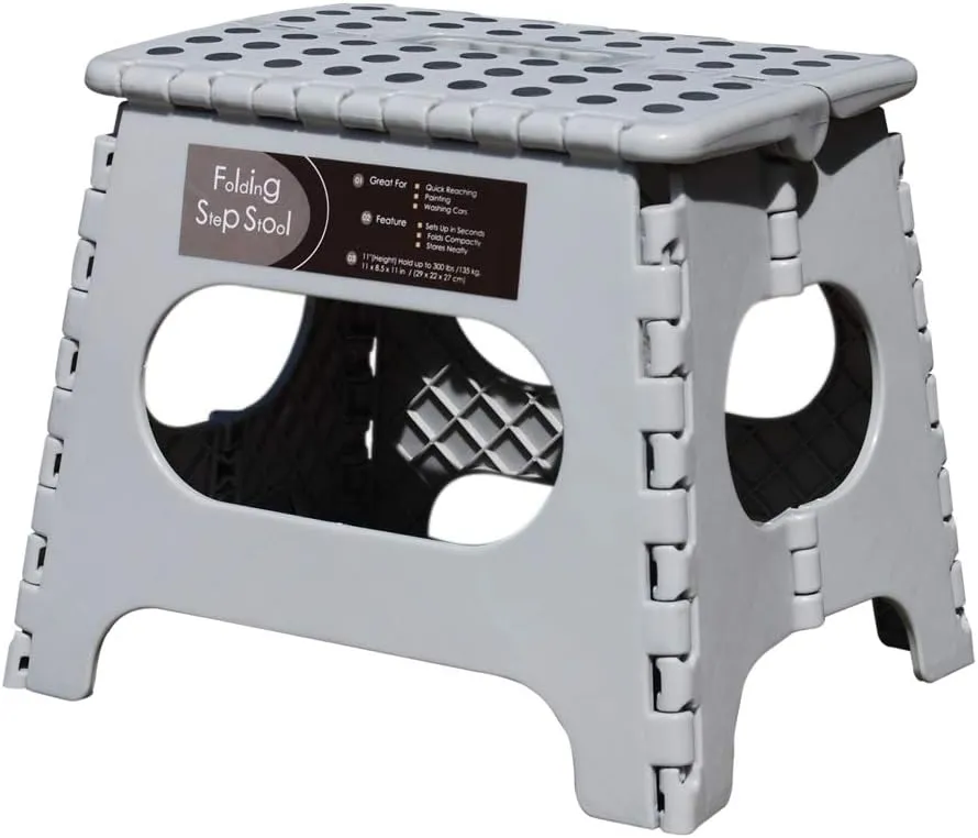 Non-Slip Folding Step Stool, Sturdy Safe Enough - Holds up to 300 Lb - 11 inch Footstool for Adults or Kids, Folding Ladder Storage/Opens Easy, for Kitchen,Toilet,Camping (Light Grey, 11'')