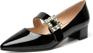 NUMALEO Womens Fashion Dating Bungee Pointed Toe Ankle Strap Rhinestone Solid Patent Chunky Low Heel Pumps Shoes 1.5 Inch
