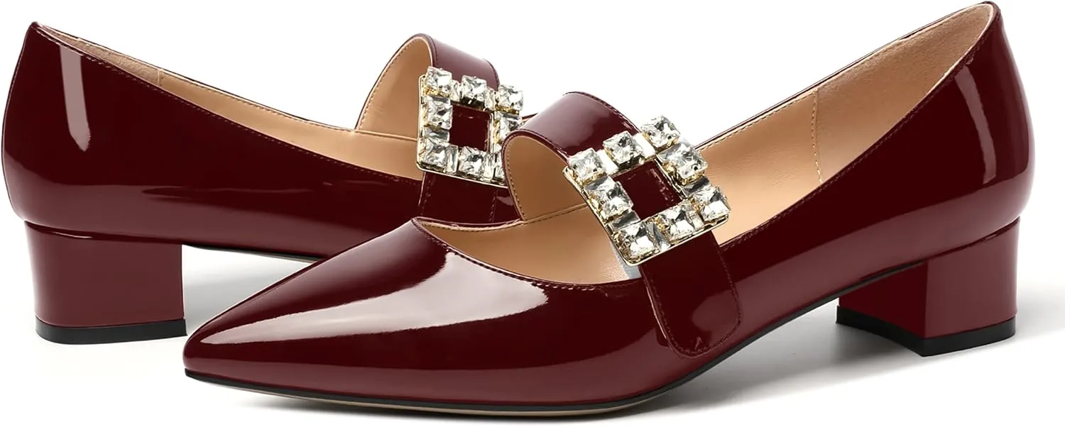 NUMALEO Womens Fashion Dating Bungee Pointed Toe Ankle Strap Rhinestone Solid Patent Chunky Low Heel Pumps Shoes 1.5 Inch