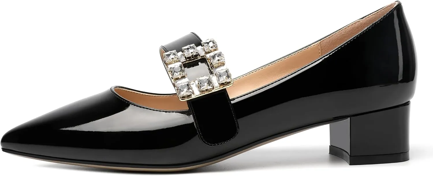 NUMALEO Womens Fashion Dating Bungee Pointed Toe Ankle Strap Rhinestone Solid Patent Chunky Low Heel Pumps Shoes 1.5 Inch