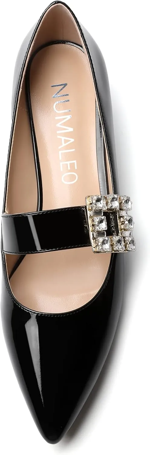 NUMALEO Womens Fashion Dating Bungee Pointed Toe Ankle Strap Rhinestone Solid Patent Chunky Low Heel Pumps Shoes 1.5 Inch