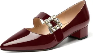 NUMALEO Womens Fashion Dating Bungee Pointed Toe Ankle Strap Rhinestone Solid Patent Chunky Low Heel Pumps Shoes 1.5 Inch