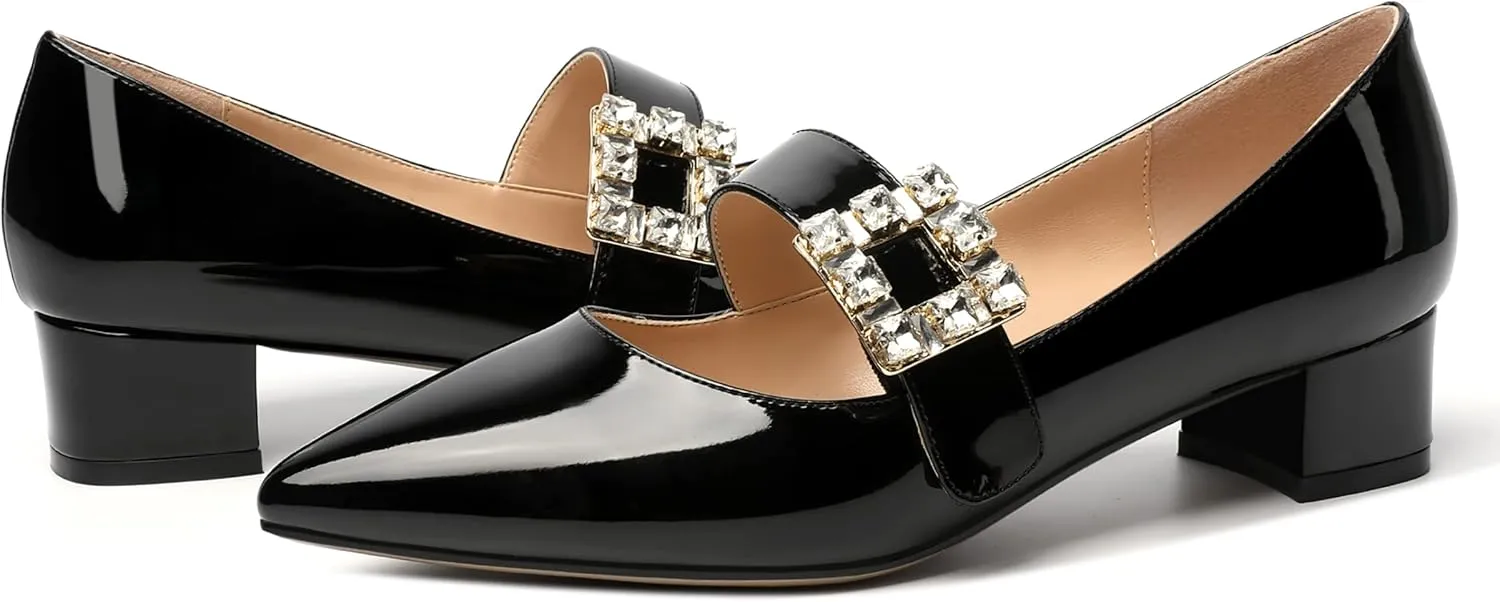 NUMALEO Womens Fashion Dating Bungee Pointed Toe Ankle Strap Rhinestone Solid Patent Chunky Low Heel Pumps Shoes 1.5 Inch