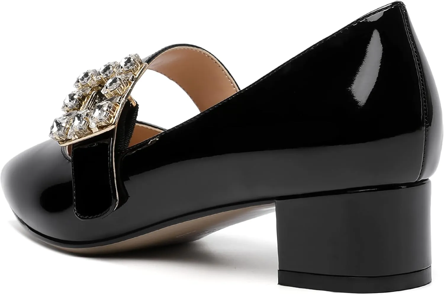 NUMALEO Womens Fashion Dating Bungee Pointed Toe Ankle Strap Rhinestone Solid Patent Chunky Low Heel Pumps Shoes 1.5 Inch