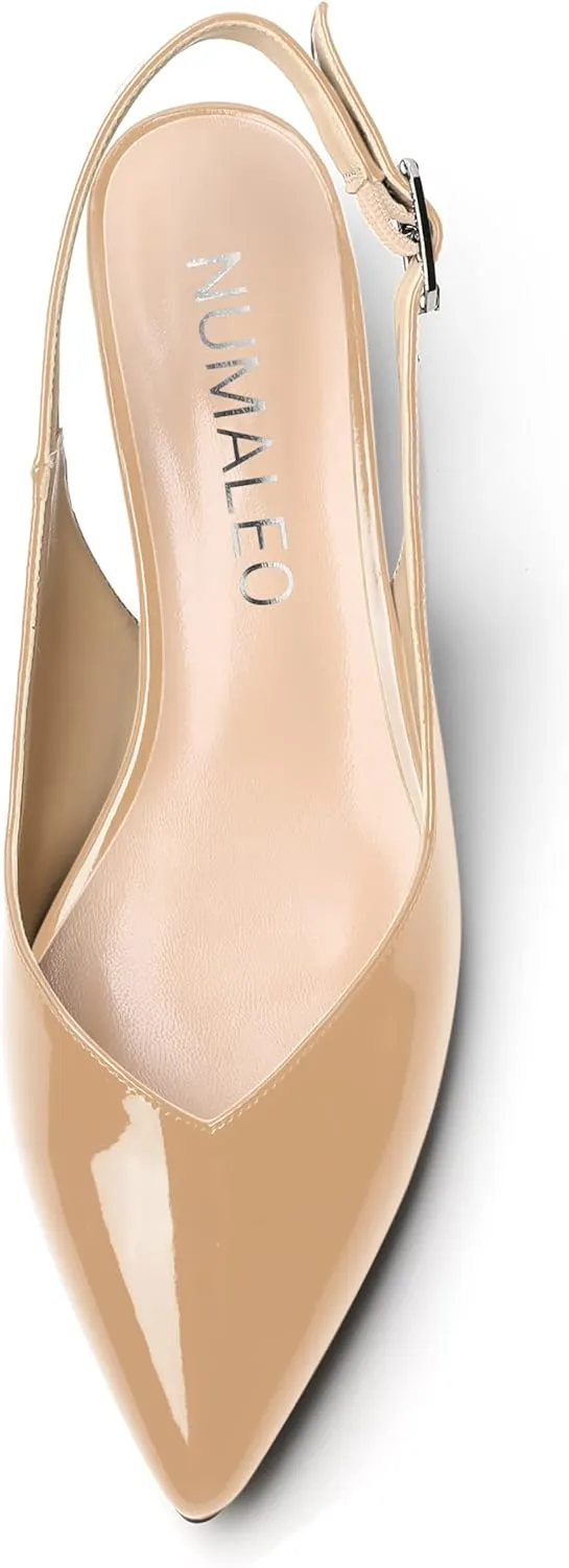 NUMALEO Womens Patent Slingback Solid Pointed Toe Buckle Fashion Night Club Spool Low Heel Pumps Shoes 1.5 Inch