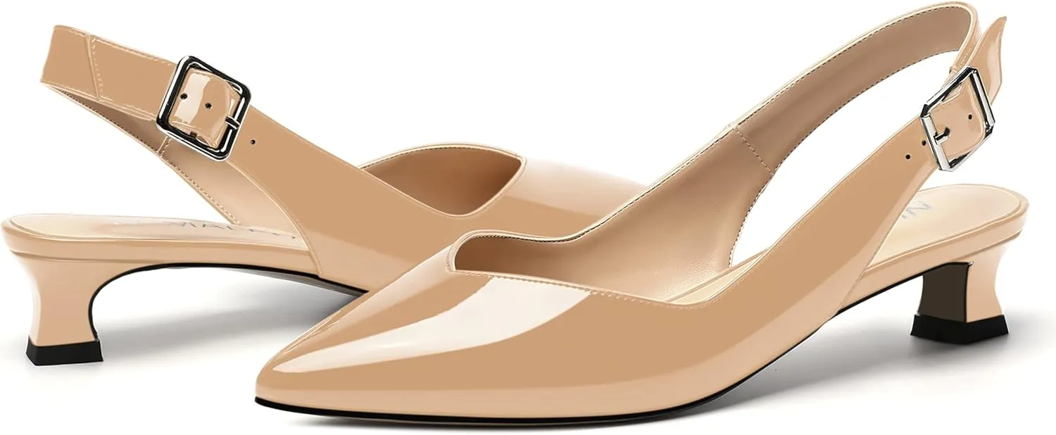 NUMALEO Womens Patent Slingback Solid Pointed Toe Buckle Fashion Night Club Spool Low Heel Pumps Shoes 1.5 Inch