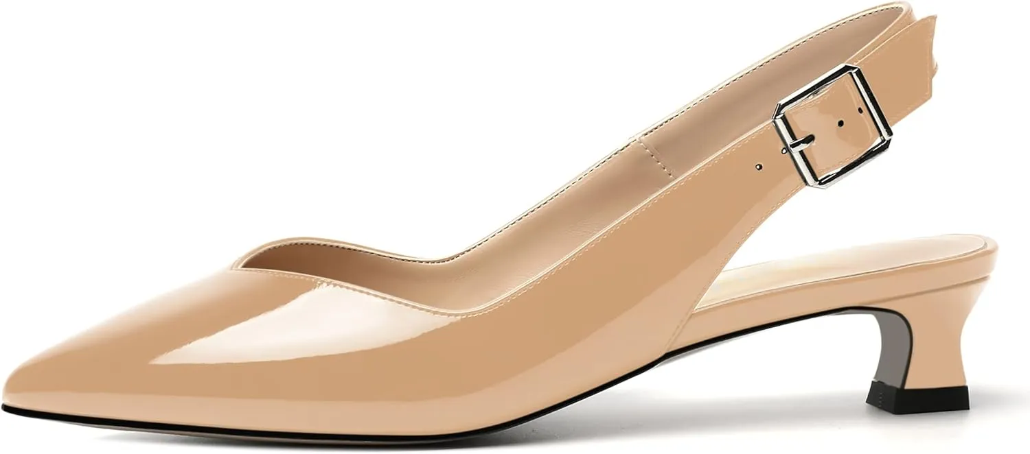 NUMALEO Womens Patent Slingback Solid Pointed Toe Buckle Fashion Night Club Spool Low Heel Pumps Shoes 1.5 Inch