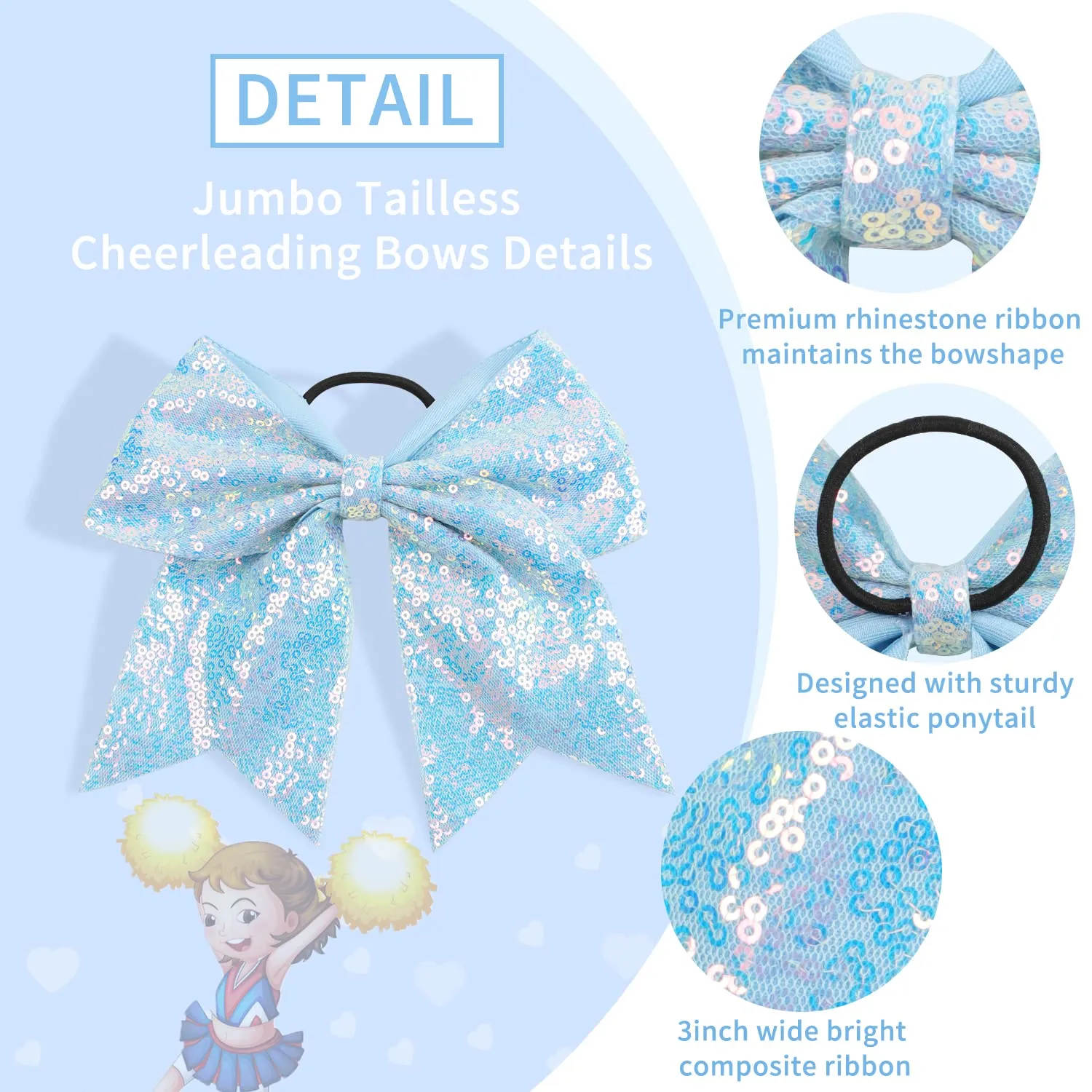 Oaoleer 12PCS 7" Large Glitter Cheer Hair Bows Ponytail Holder Elastic Band Handmade for Cheerleading Teen Girls College Sports (Sequin Sky Blue 12PCS)