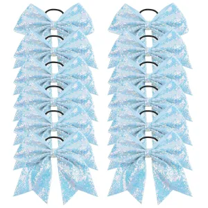 Oaoleer 12PCS 7" Large Glitter Cheer Hair Bows Ponytail Holder Elastic Band Handmade for Cheerleading Teen Girls College Sports (Sequin Sky Blue 12PCS)