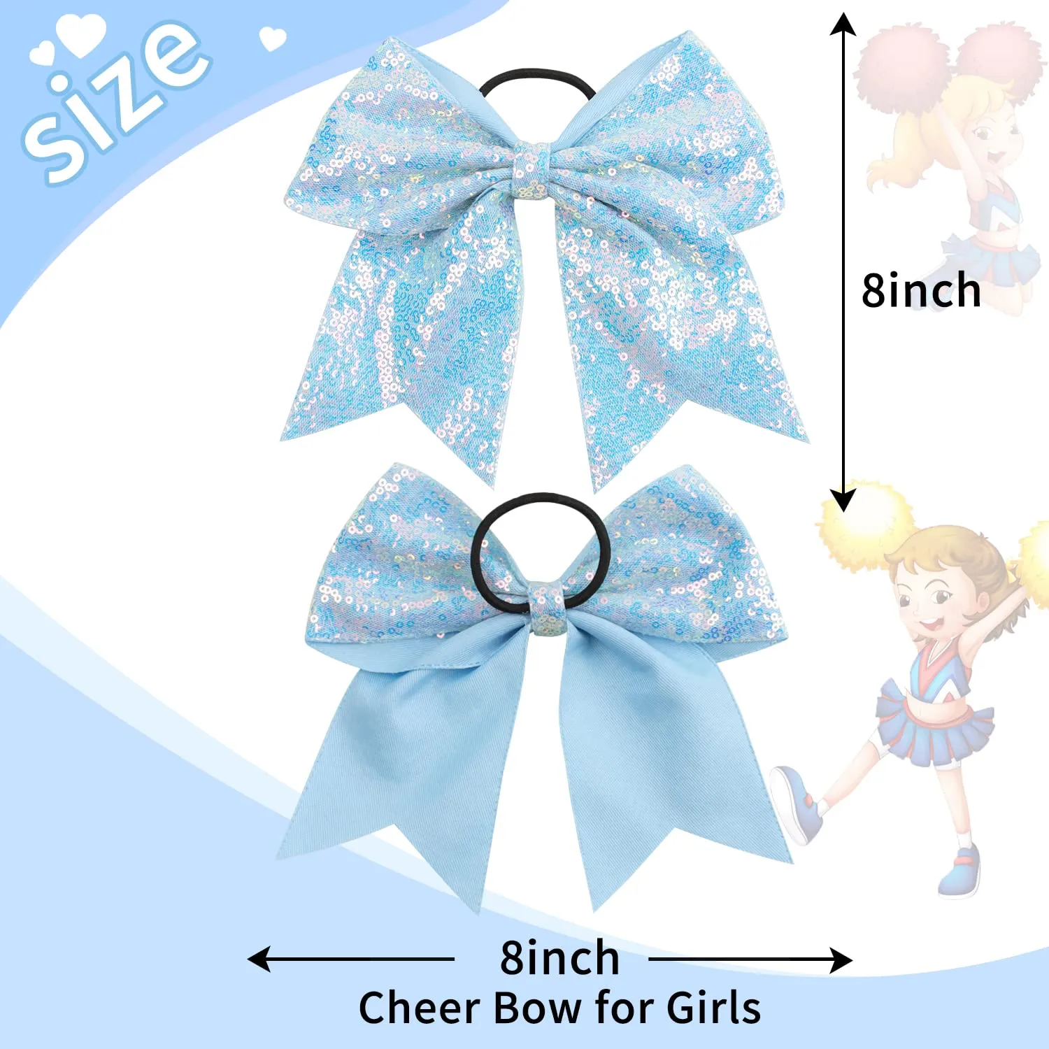 Oaoleer 12PCS 7" Large Glitter Cheer Hair Bows Ponytail Holder Elastic Band Handmade for Cheerleading Teen Girls College Sports (Sequin Sky Blue 12PCS)