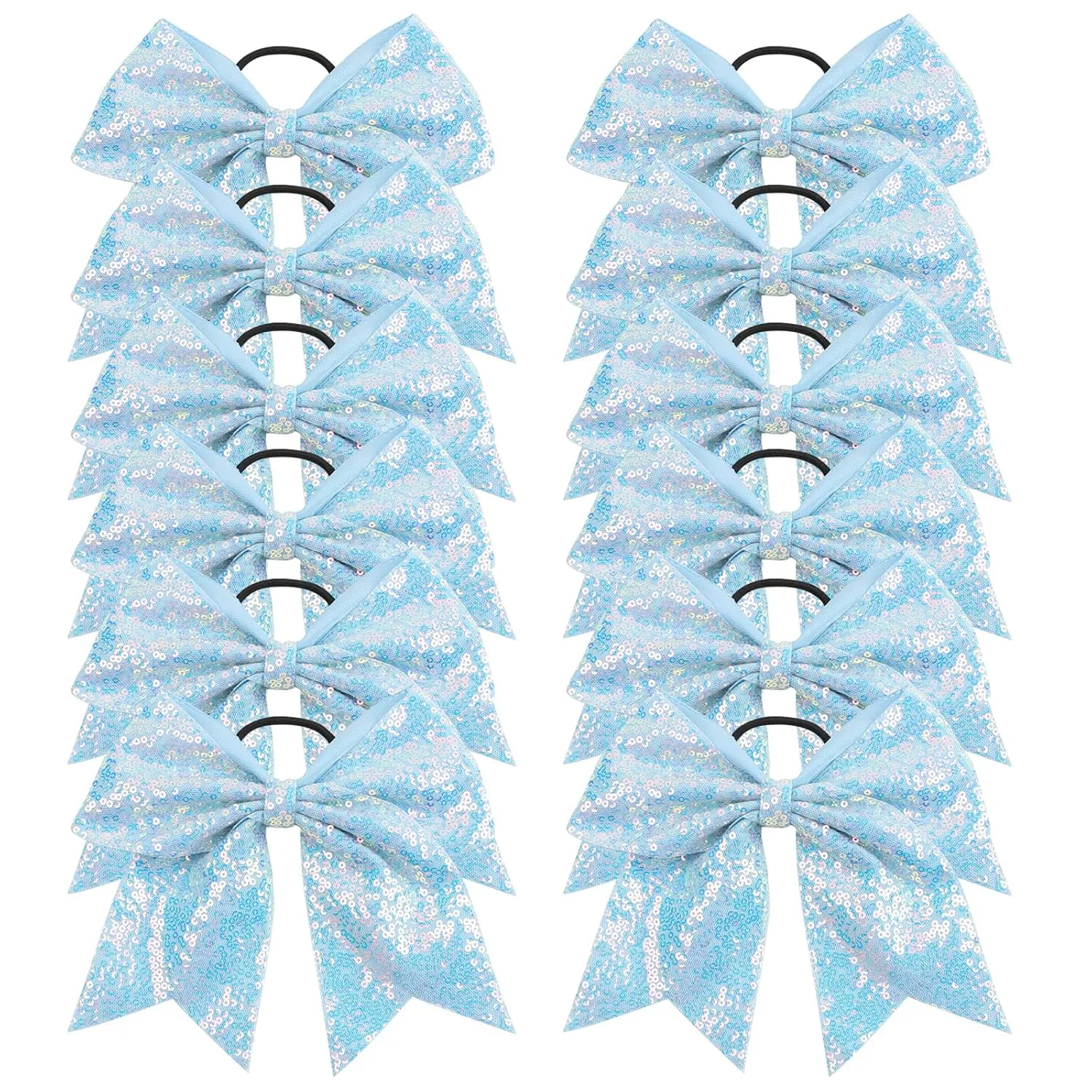 Oaoleer 12PCS 7" Large Glitter Cheer Hair Bows Ponytail Holder Elastic Band Handmade for Cheerleading Teen Girls College Sports (Sequin Sky Blue 12PCS)