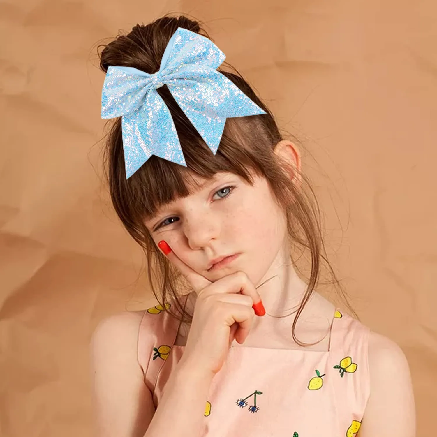Oaoleer 12PCS 7" Large Glitter Cheer Hair Bows Ponytail Holder Elastic Band Handmade for Cheerleading Teen Girls College Sports (Sequin Sky Blue 12PCS)