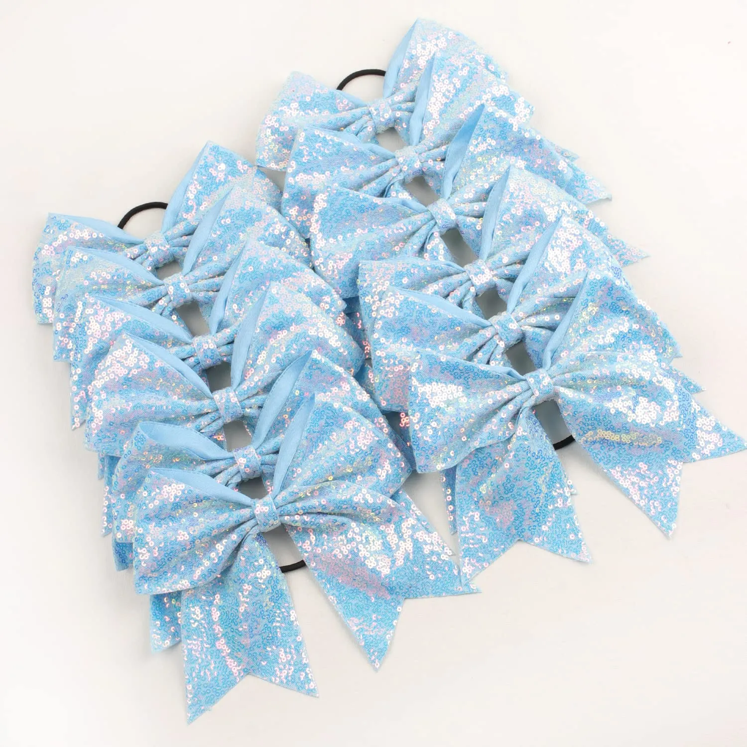 Oaoleer 12PCS 7" Large Glitter Cheer Hair Bows Ponytail Holder Elastic Band Handmade for Cheerleading Teen Girls College Sports (Sequin Sky Blue 12PCS)