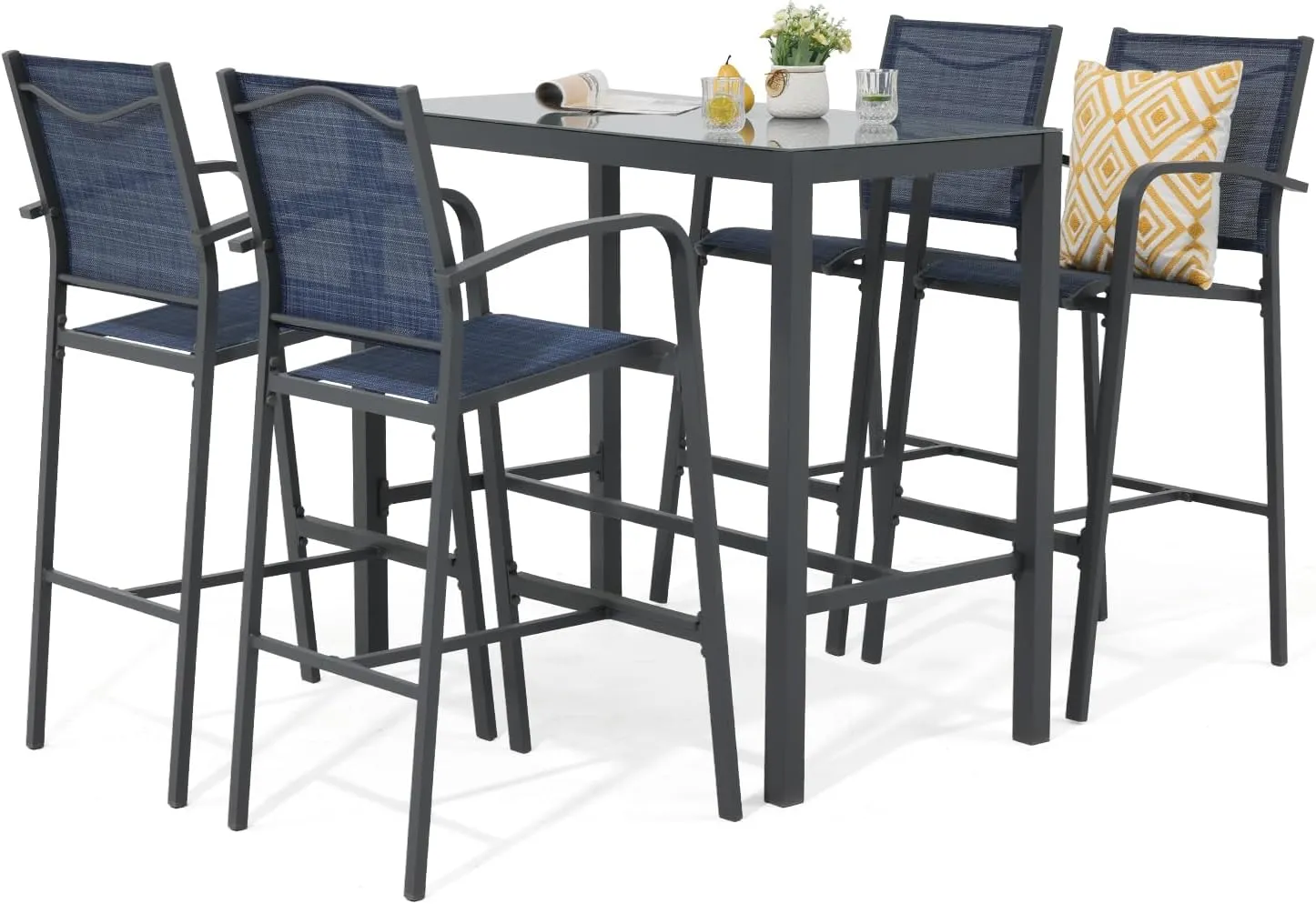 OC Orange-Casual Outdoor Bar Stool Set of 4, All-Weather Aluminum Textile Fabric High Top Patio Dining Chair, Counter Height Metal Barstool High Back Armchair, for Backyard, Porch, Balcony, Navy Blue