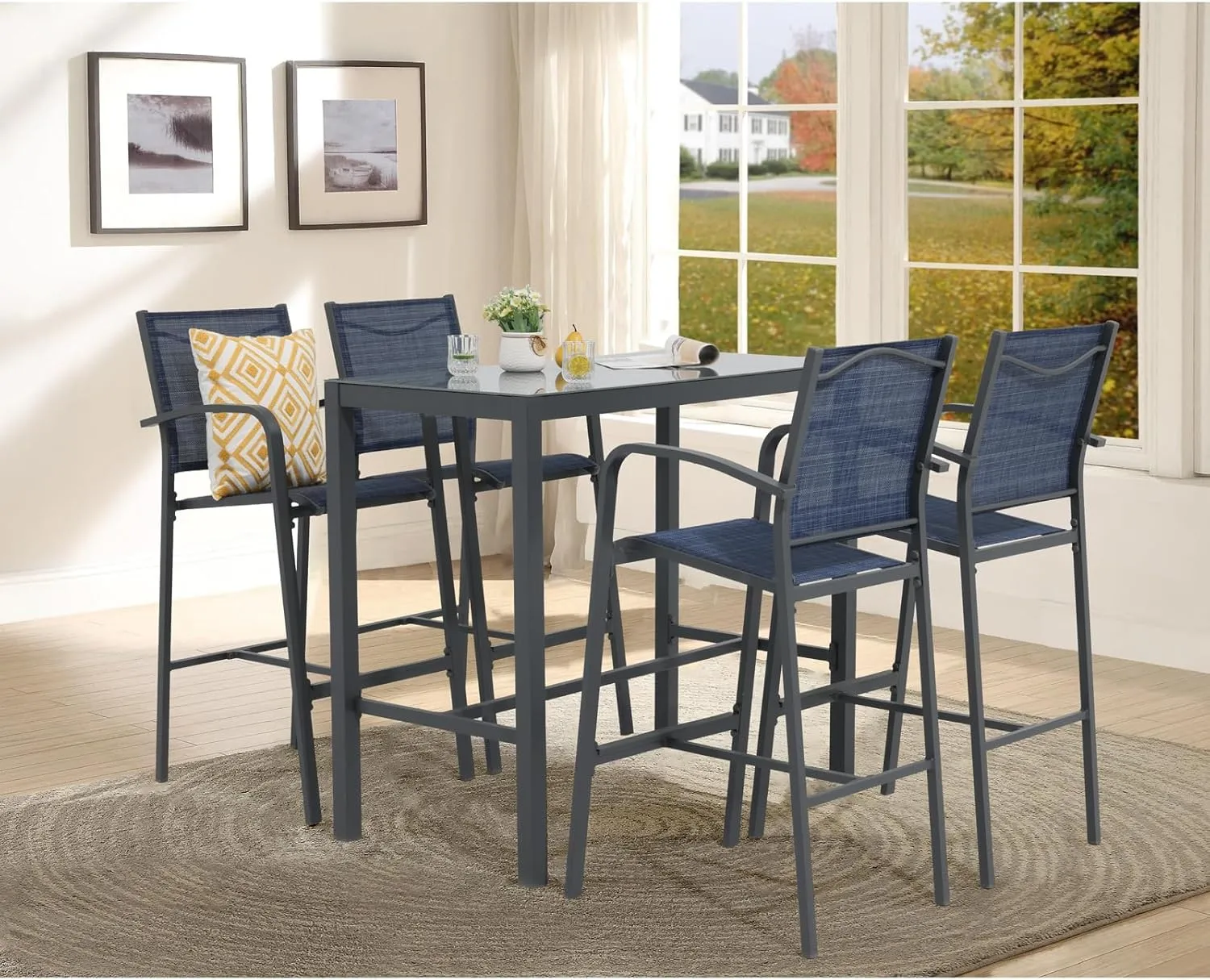 OC Orange-Casual Outdoor Bar Stool Set of 4, All-Weather Aluminum Textile Fabric High Top Patio Dining Chair, Counter Height Metal Barstool High Back Armchair, for Backyard, Porch, Balcony, Navy Blue