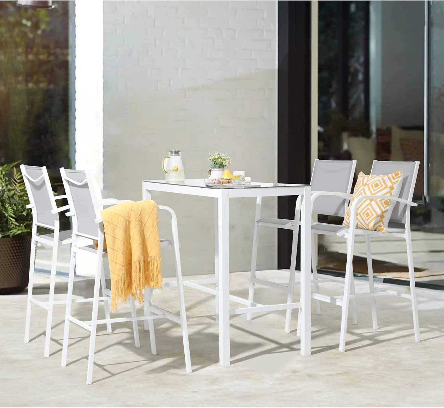 OC Orange-Casual Outdoor Bar Stool Set of 4, All-Weather Aluminum Textile Fabric High Top Patio Dining Chair, Counter Height Metal Barstool High Back Armchair, for Backyard, Porch, Balcony, White