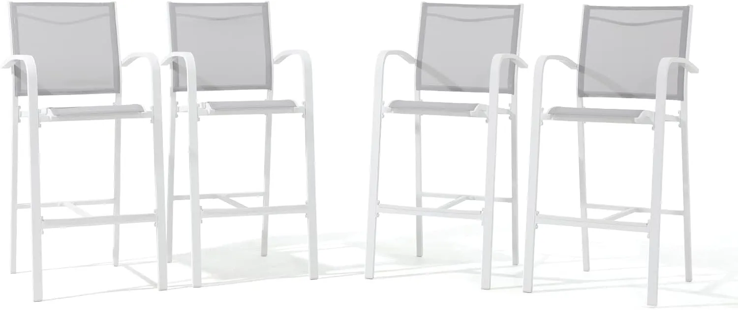 OC Orange-Casual Outdoor Bar Stool Set of 4, All-Weather Aluminum Textile Fabric High Top Patio Dining Chair, Counter Height Metal Barstool High Back Armchair, for Backyard, Porch, Balcony, White