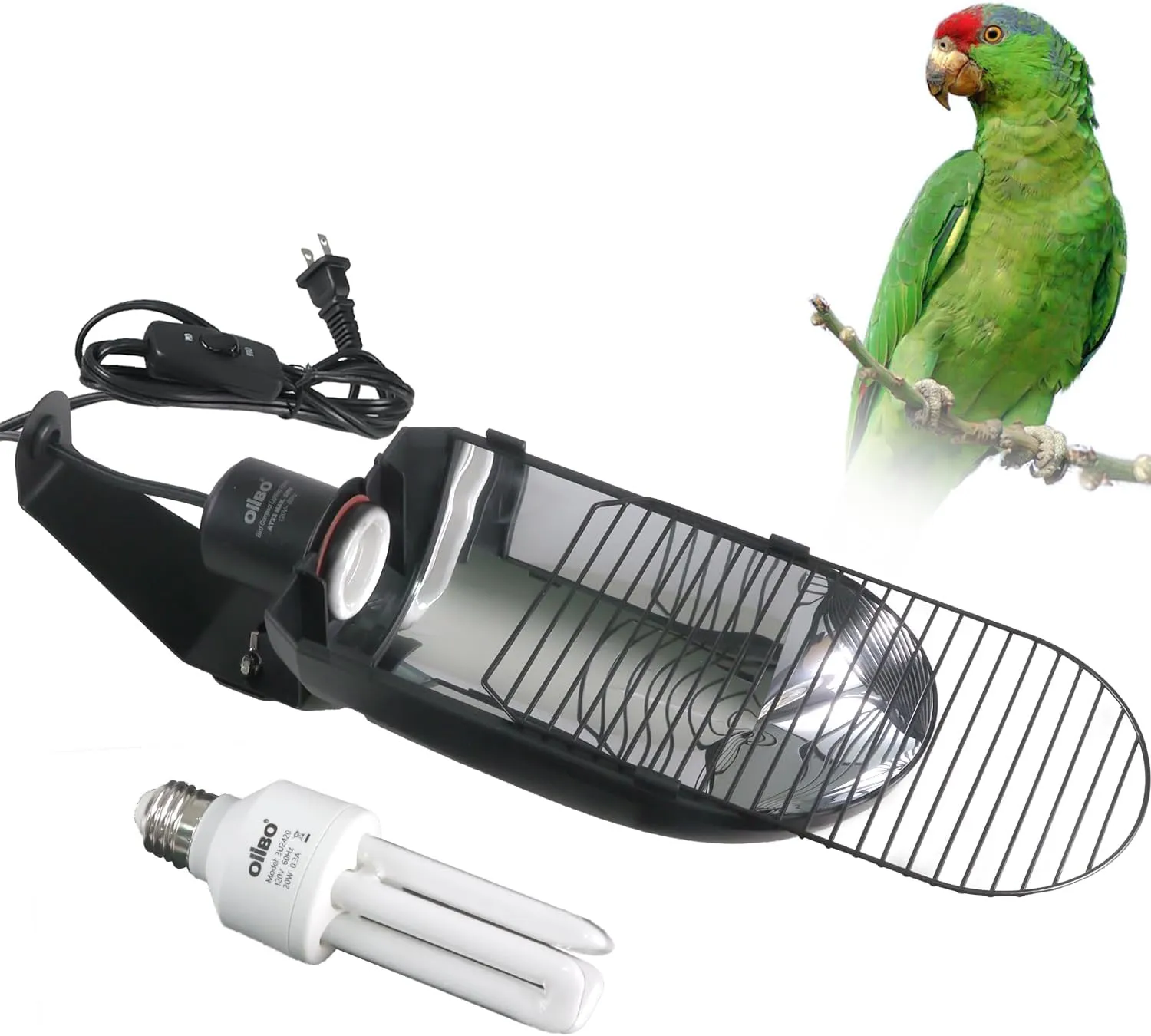 Oiibo Bird Cage Light Fixture Combo Kit, AvianSun Lamp Hood with 2.4% UVB UVA 20W Compact Fluorescent Bulb for All Kinds Captive Birds